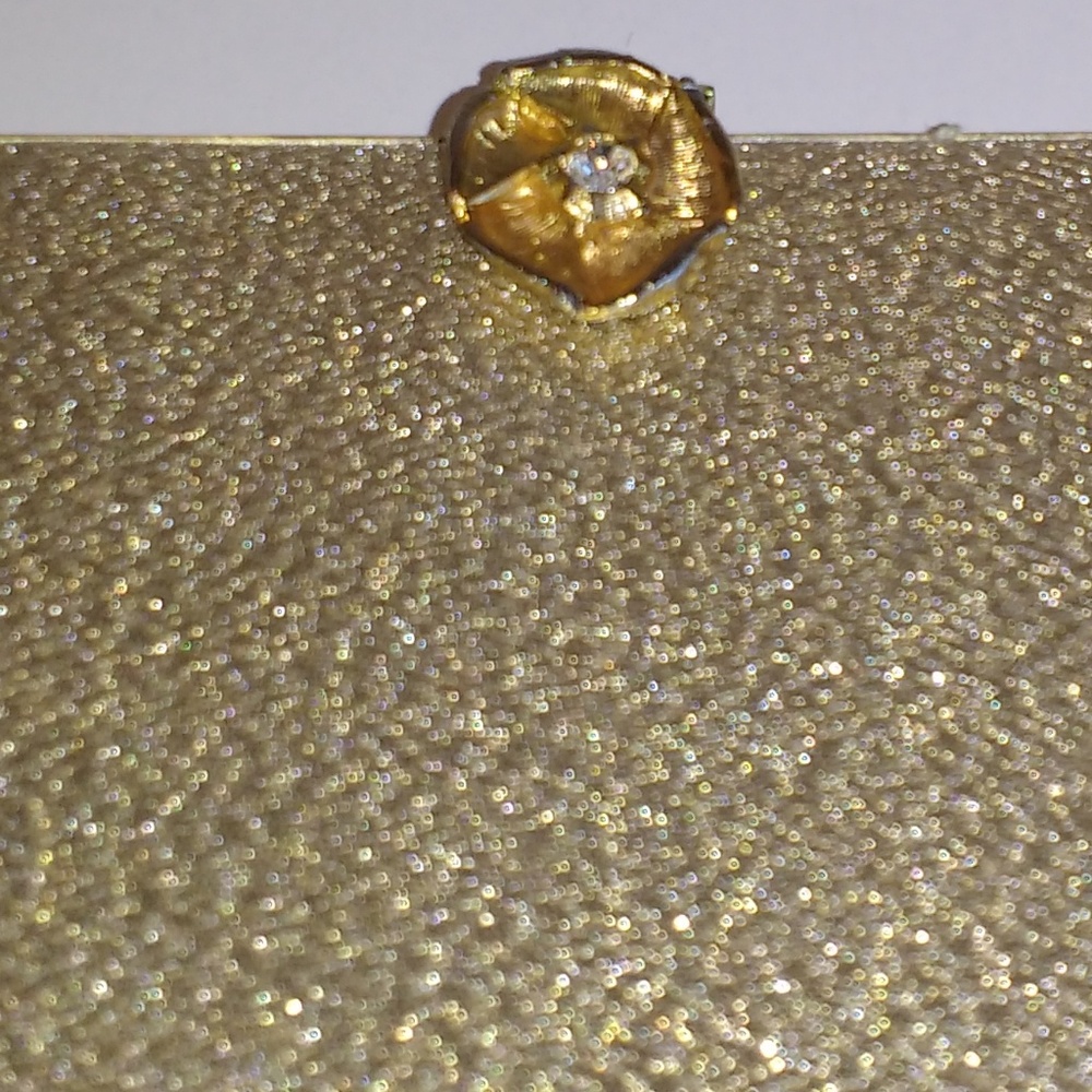 Gold Fabric Clutch Crystal Flower Clasp - Picture 8 of 8